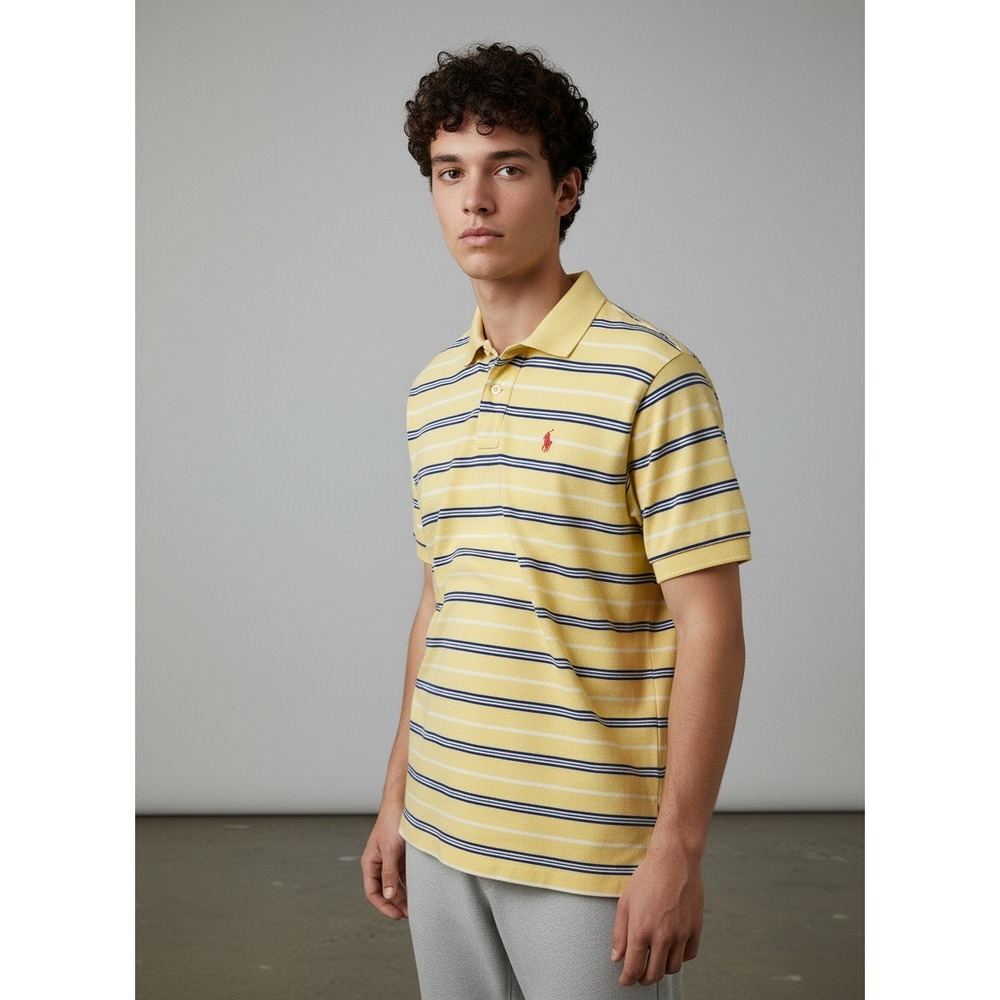 Polo Ralph Lauren Mens S Yellow Blue Striped Cotton Mesh Polo Shirt